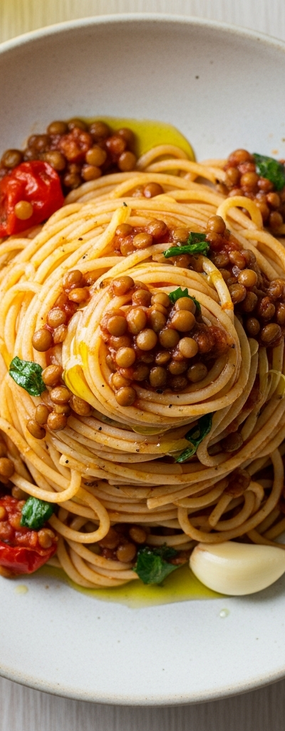 Garlic Spaghetti with Lentil Tomato Sauce