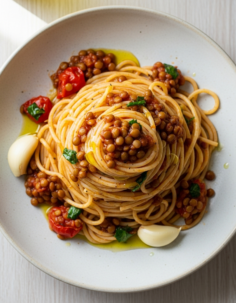 Garlic Spaghetti with Lentil Tomato Sauce