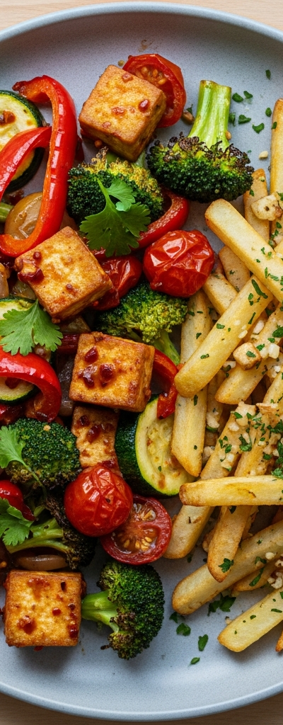Spicy Tofu and Vegetable Traybake with Garlic Fries