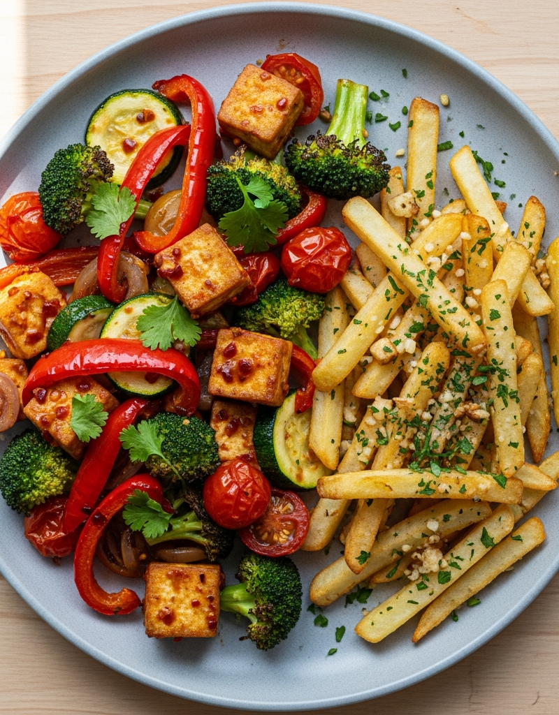 Spicy Tofu and Vegetable Traybake with Garlic Fries