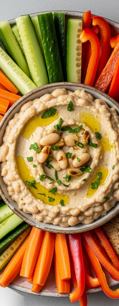 Creamy White Bean and Garlic Dip with Veggie Sticks