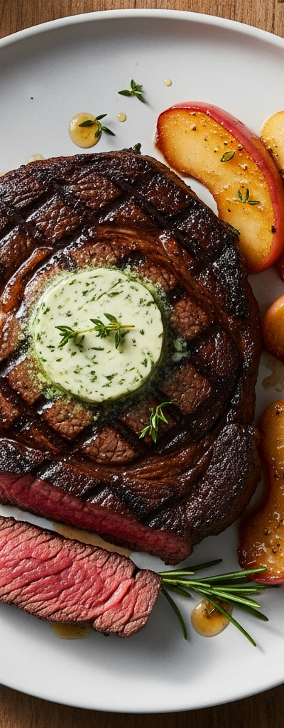 Pan-Seared Ribeye Steak with Herb Butter and Honey Glazed Apples