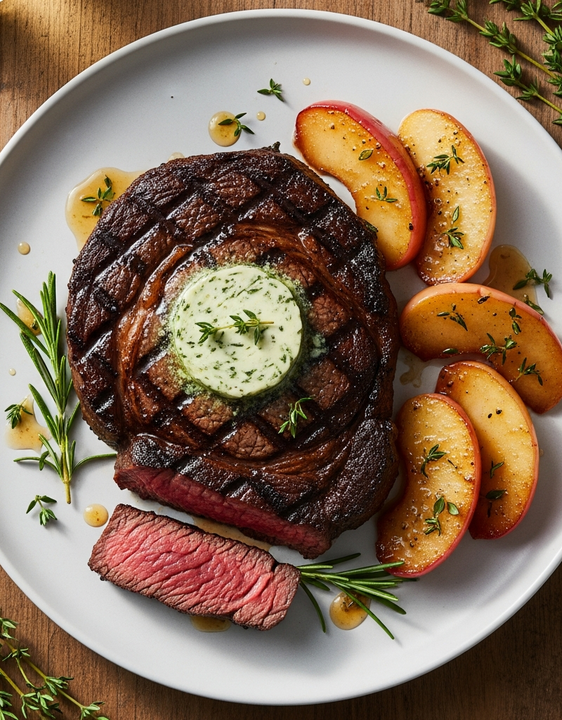 Pan-Seared Ribeye Steak with Herb Butter and Honey Glazed Apples