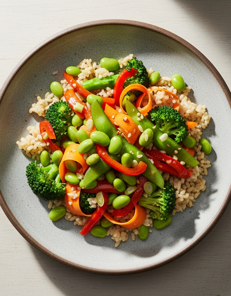Edamame Stir-Fry with Brown Rice and Veggies