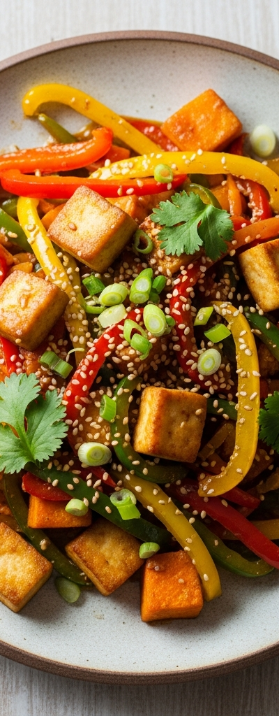 Sweet Potato Stir-Fry with Bell Peppers and Tofu