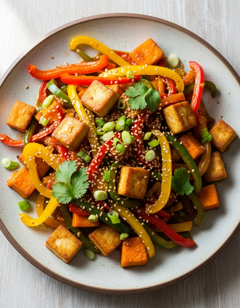 Sweet Potato Stir-Fry with Bell Peppers and Tofu