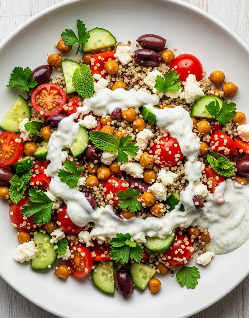 Mediterranean Chickpea & Quinoa Salad with Yogurt Dressing