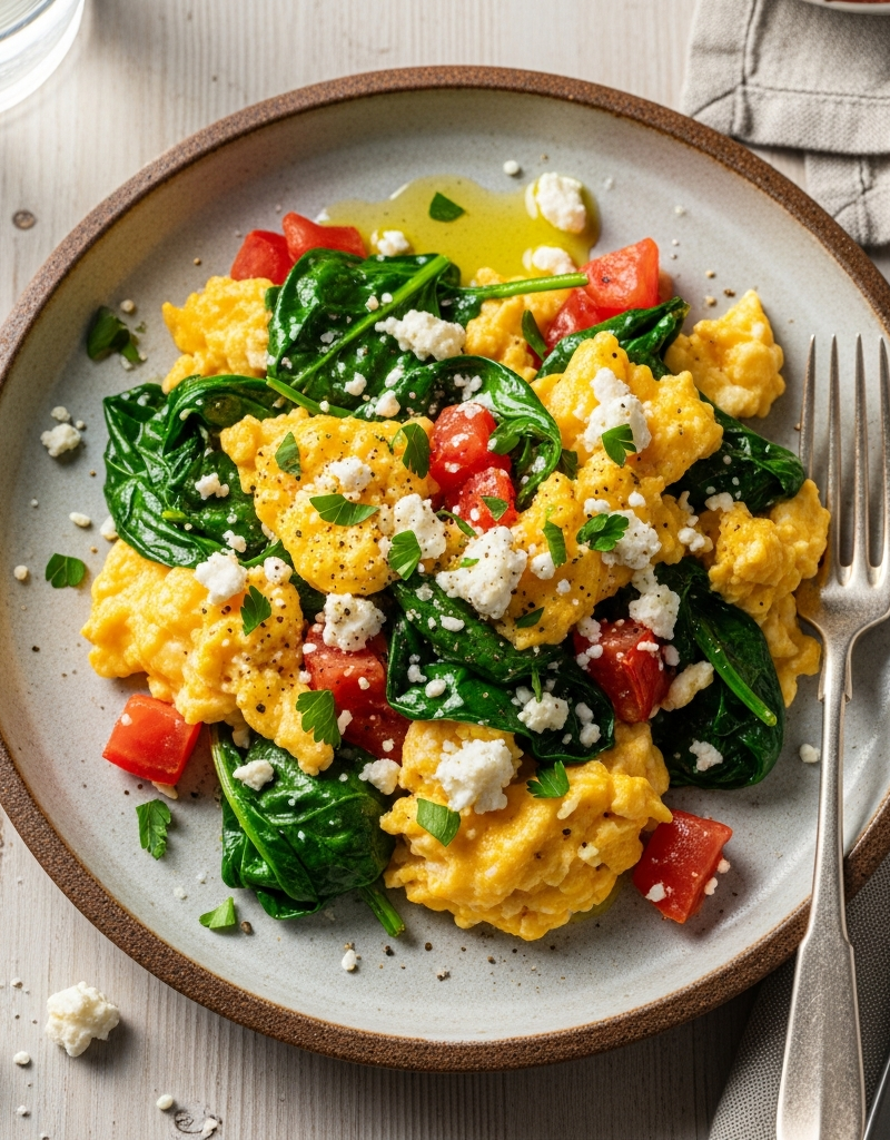 Mediterranean Scrambled Eggs with Spinach and Tomatoes