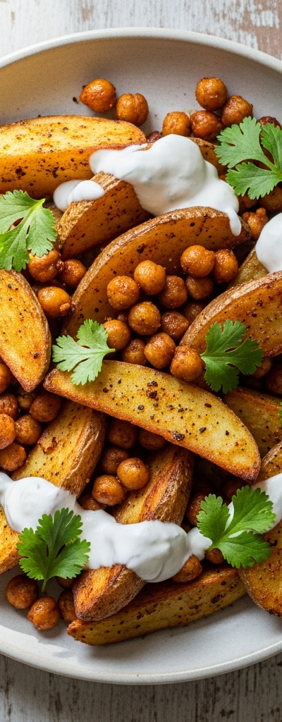Spicy Yogurt Roasted Potato Wedges with Chickpeas