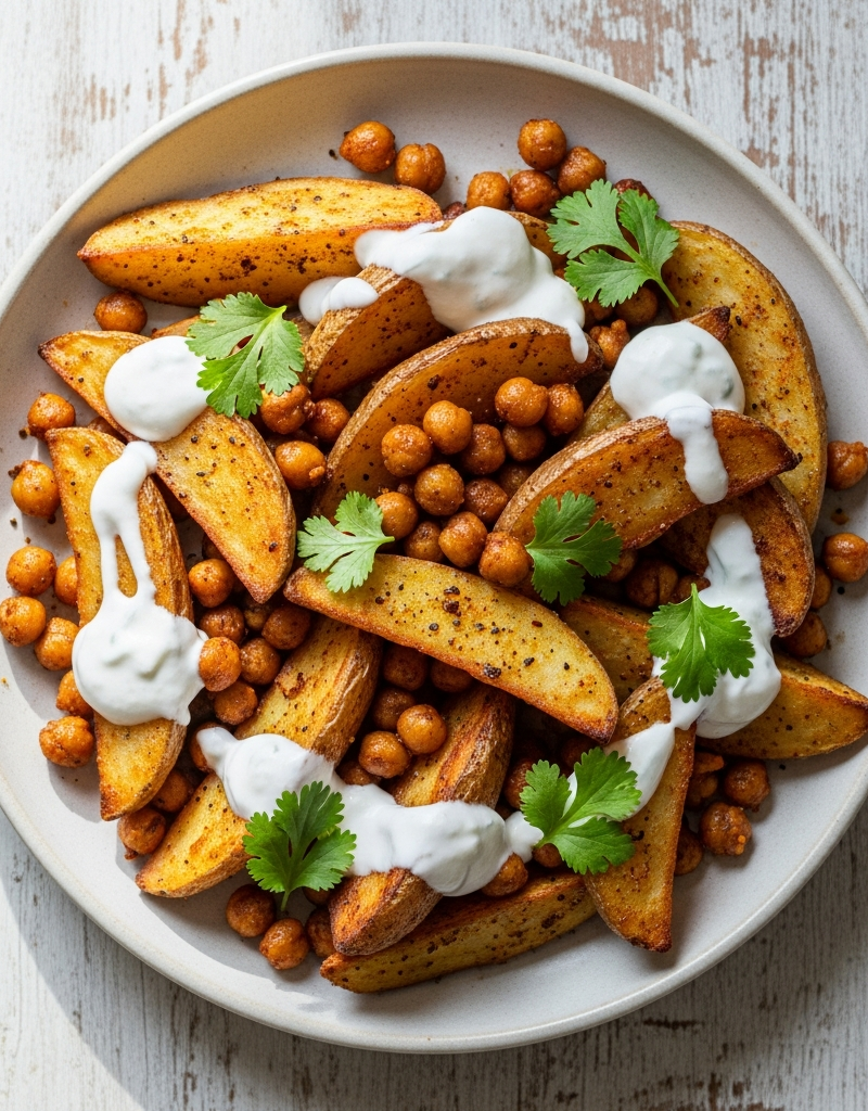 Spicy Yogurt Roasted Potato Wedges with Chickpeas