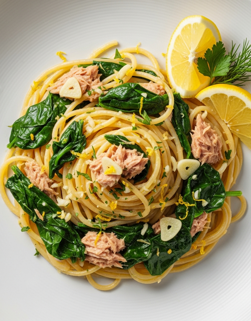 Tuna and Spinach Pasta with Lemon and Garlic