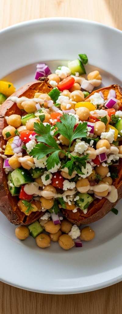 Mediterranean Baked Sweet Potatoes with Chickpea Salad