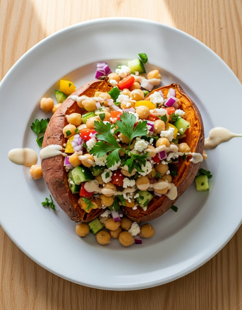Mediterranean Baked Sweet Potatoes with Chickpea Salad