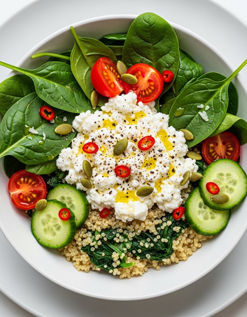 Cottage Cheese Power Bowl with Quinoa and Spinach