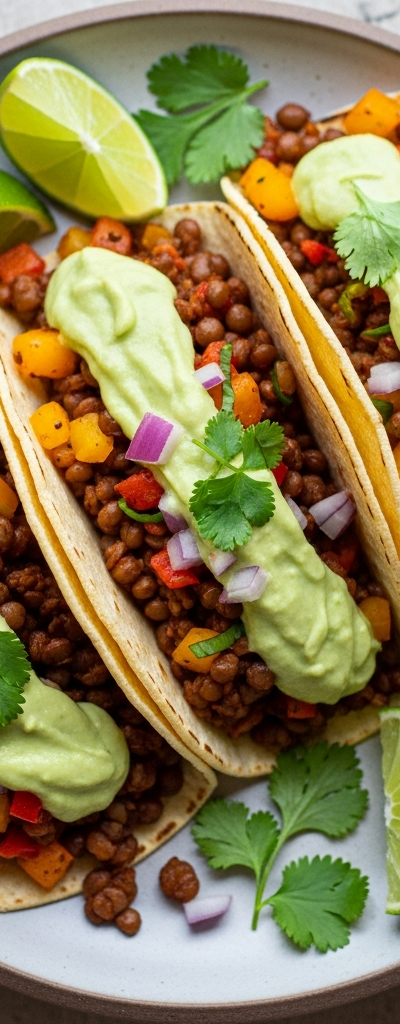 Lentil and Veggie Tacos with Avocado Lime Sauce