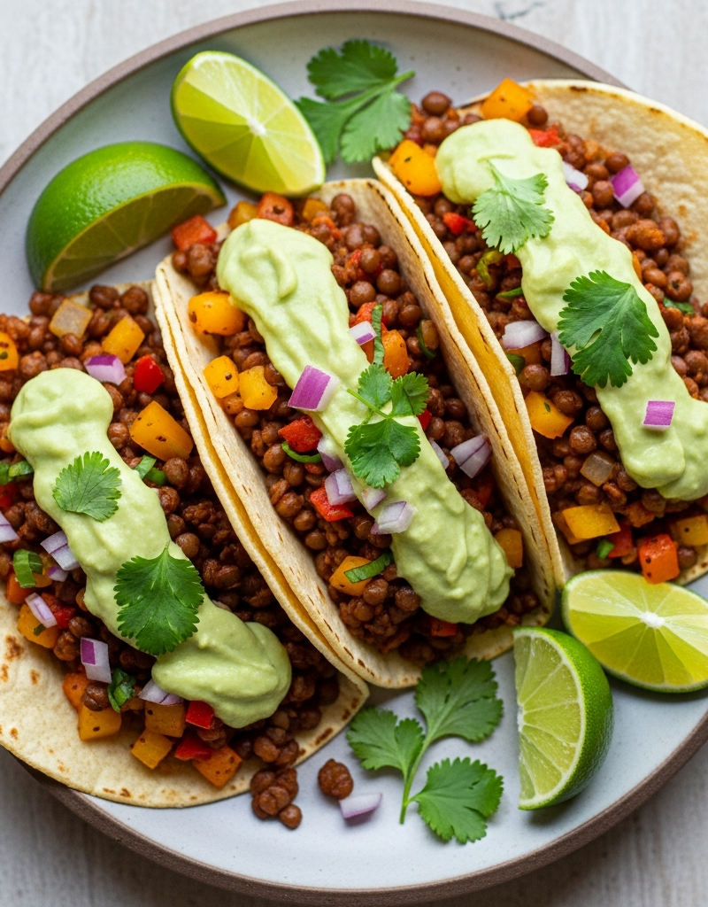 Lentil and Veggie Tacos with Avocado Lime Sauce