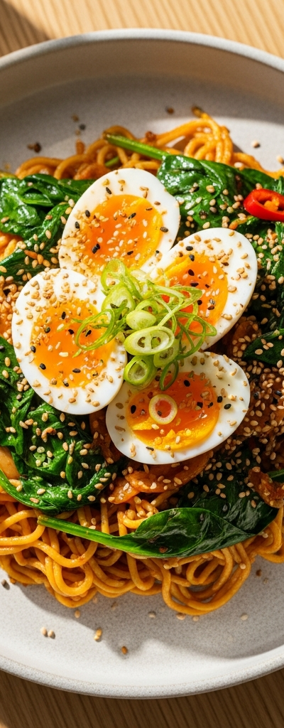 Spicy Egg and Spinach Noodles