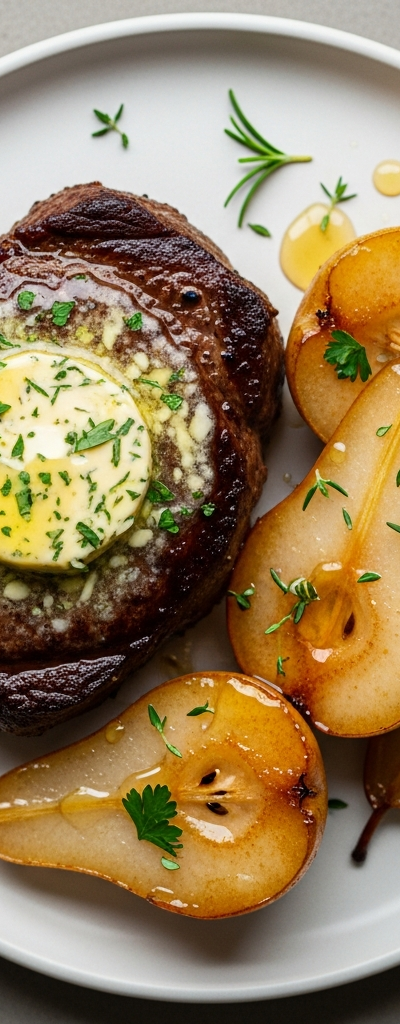 Pan-Seared Steak with Herb Butter and Honey-Glazed Pears