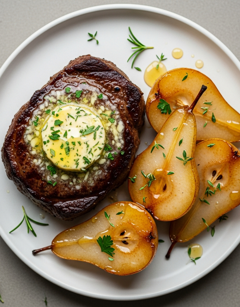 Pan-Seared Steak with Herb Butter and Honey-Glazed Pears