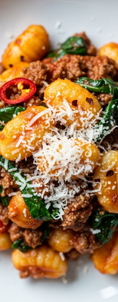 Spicy Ground Beef and Spinach Gnocchi