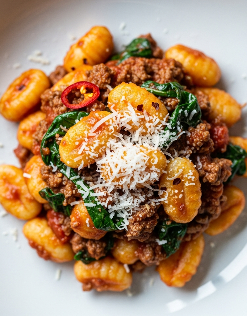 Spicy Ground Beef and Spinach Gnocchi