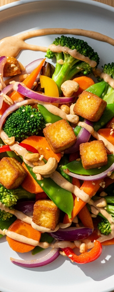 Vegetable Stir-Fry with Tofu and Cashew Sauce