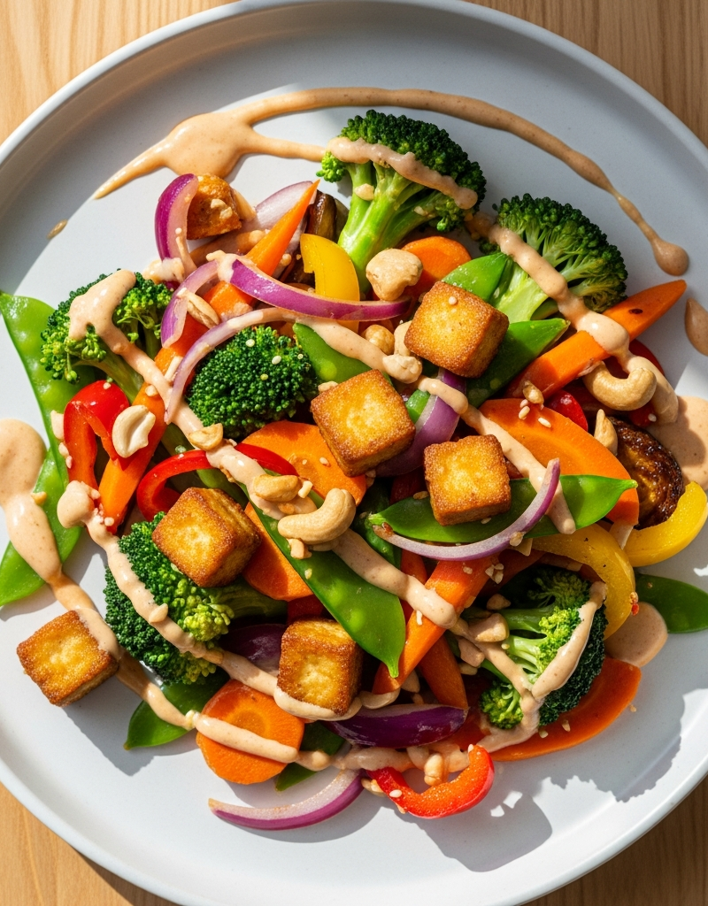 Vegetable Stir-Fry with Tofu and Cashew Sauce