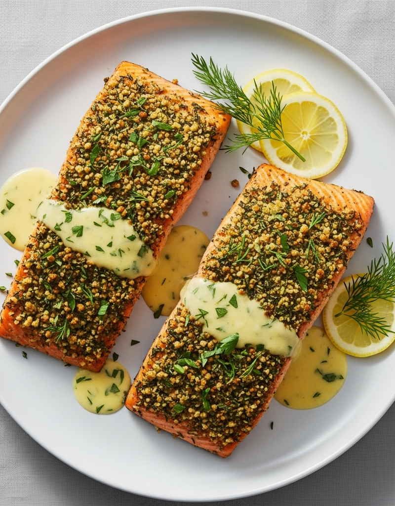 Herb-Crusted Salmon with Lemon Butter Sauce
