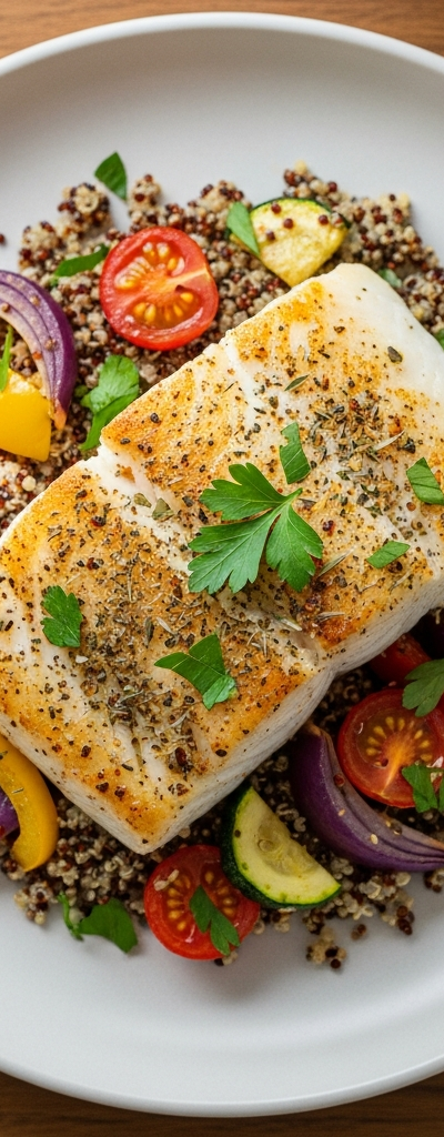 Mediterranean Baked Cod with Quinoa and Vegetable Medley