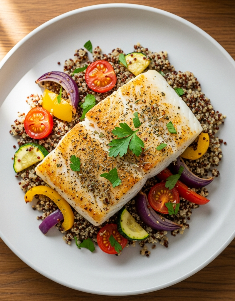 Mediterranean Baked Cod with Quinoa and Vegetable Medley