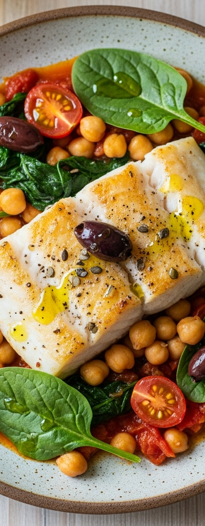Mediterranean Baked Fish with Chickpeas and Spinach