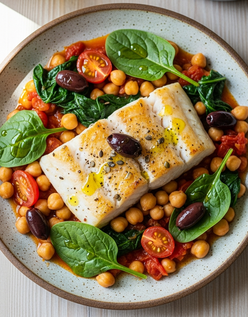 Mediterranean Baked Fish with Chickpeas and Spinach
