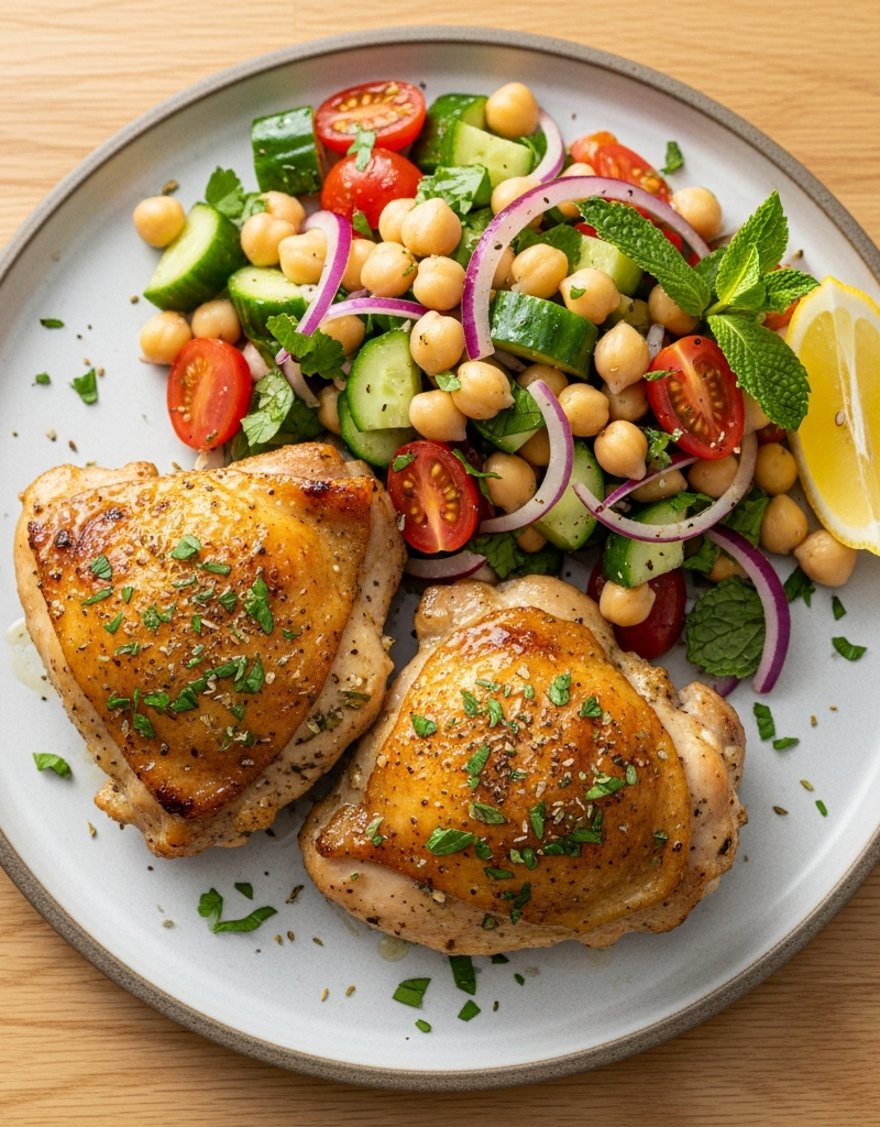 Lemon herb chicken with a chickpea salad