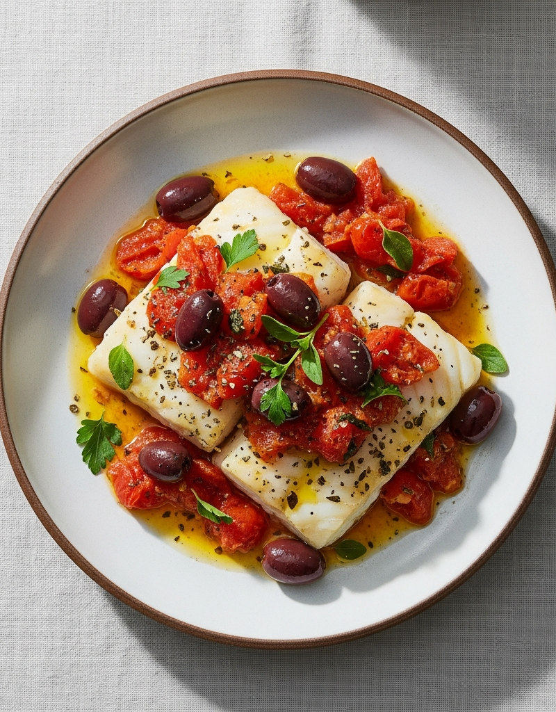 Mediterranean Baked Cod with Tomatoes and Olives