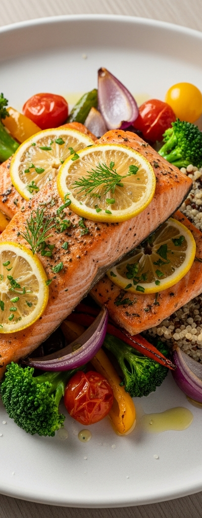 Lemon Herb Baked Salmon with Quinoa and Roasted Vegetables