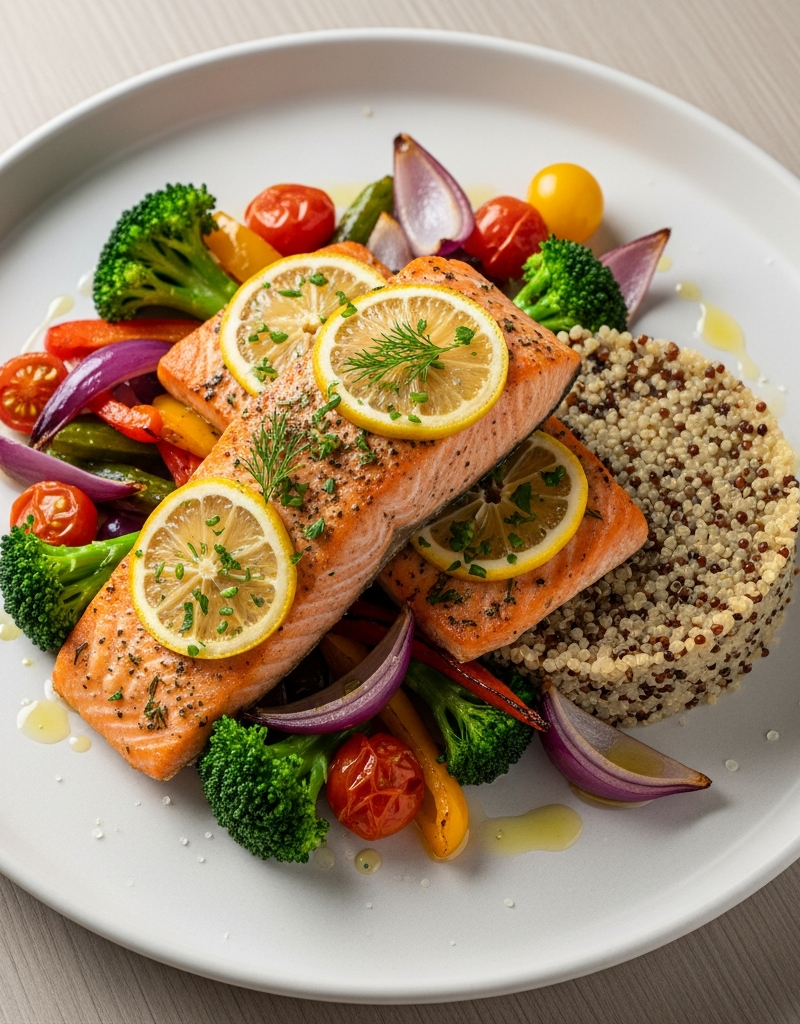 Lemon Herb Baked Salmon with Quinoa and Roasted Vegetables