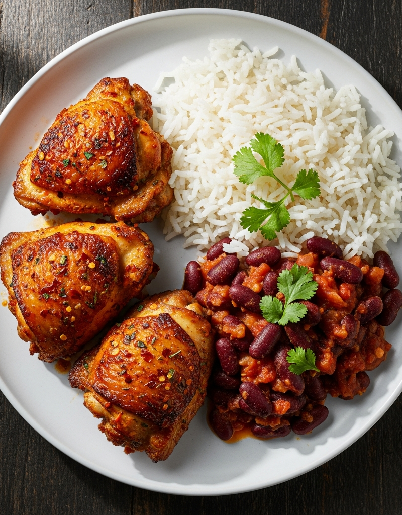 Spicy Chicken Thighs with Rice and Beans