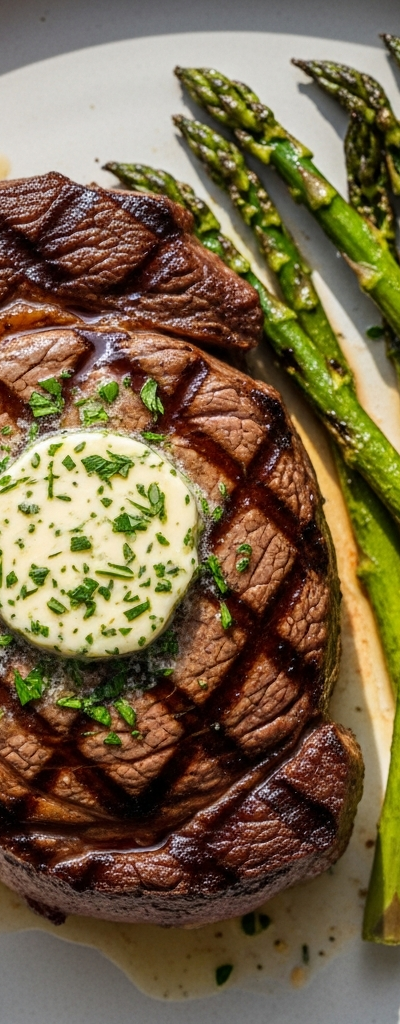 Grilled Ribeye Steak with Herb Butter and Asparagus