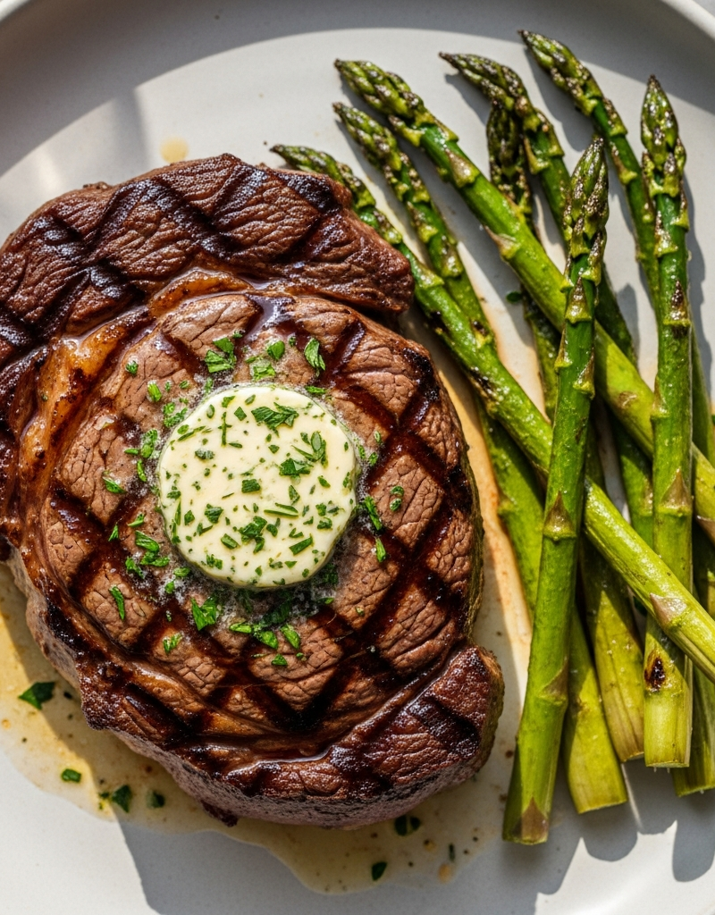 Grilled Ribeye Steak with Herb Butter and Asparagus