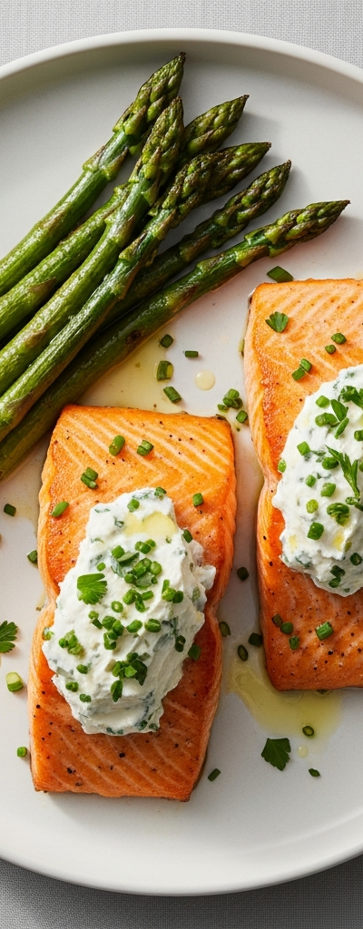 Seared Salmon with Herbed Goat Cheese and Asparagus