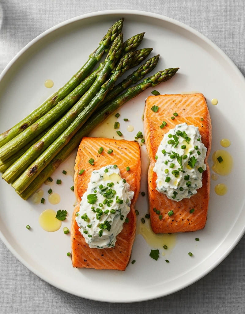 Seared Salmon with Herbed Goat Cheese and Asparagus