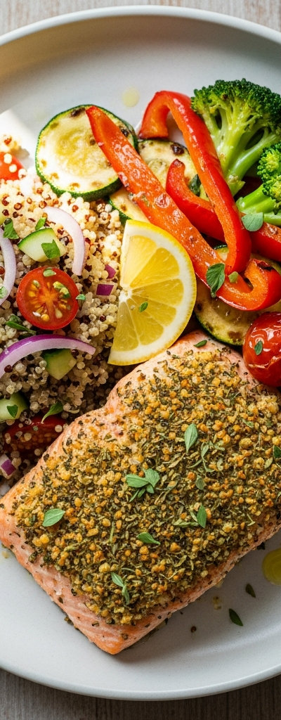 Mediterranean Herb-Crusted Salmon with Quinoa and Roasted Vegetables