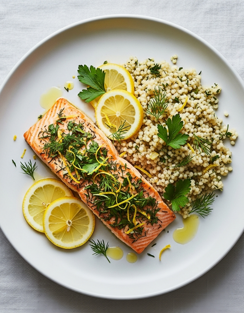 A plate of lemon herb salmon with couscous