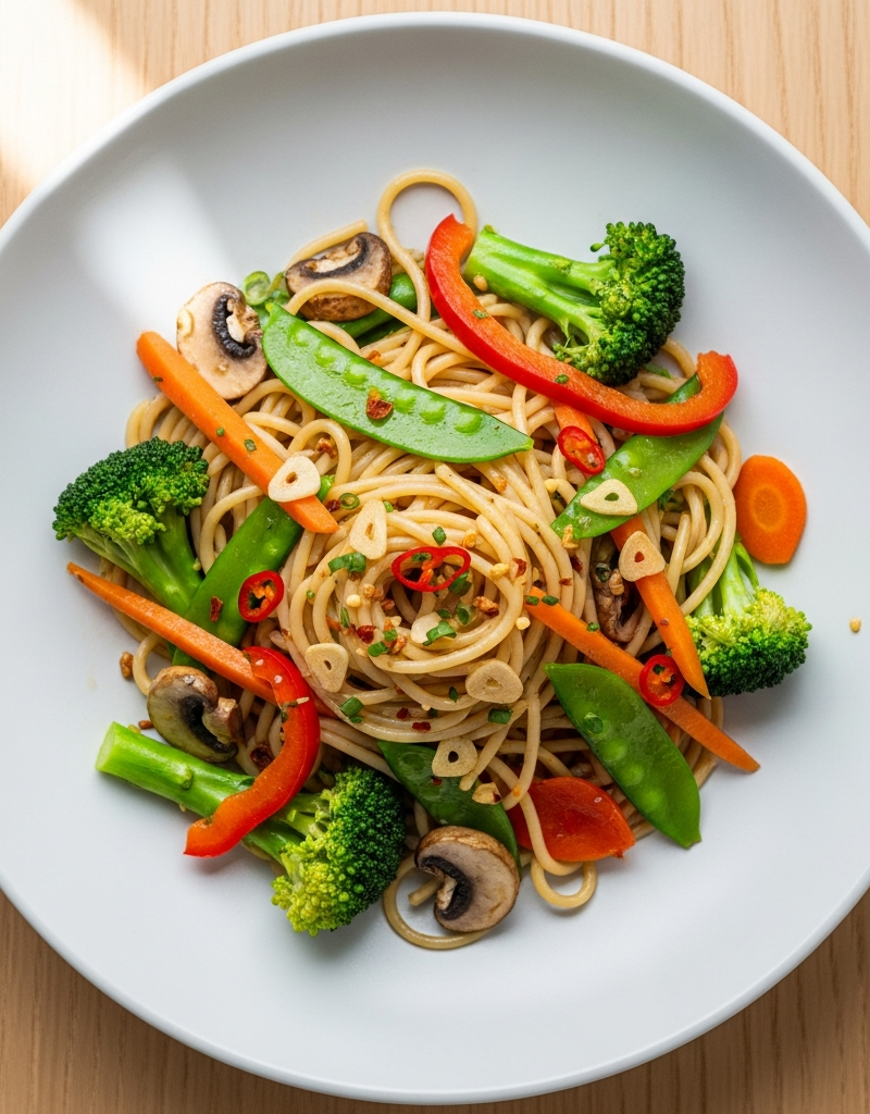 Vegan Spaghetti with Mixed Vegetable Stir-fry