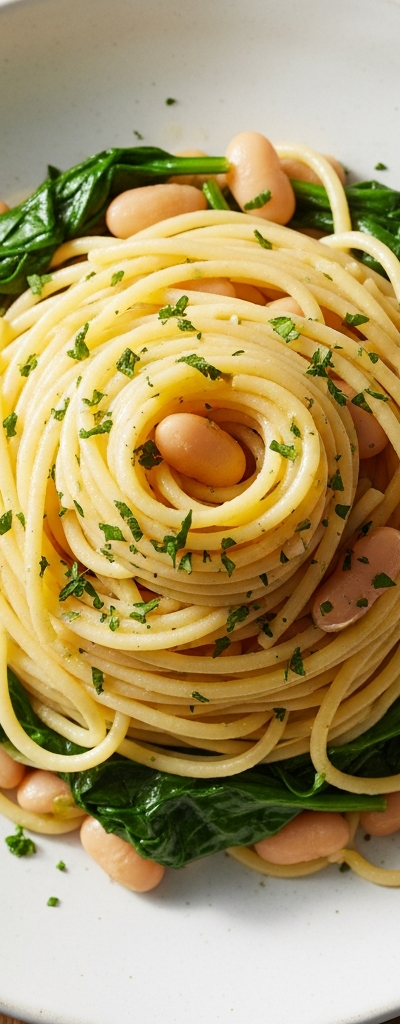 Garlic Butter Spaghetti with White Beans and Spinach
