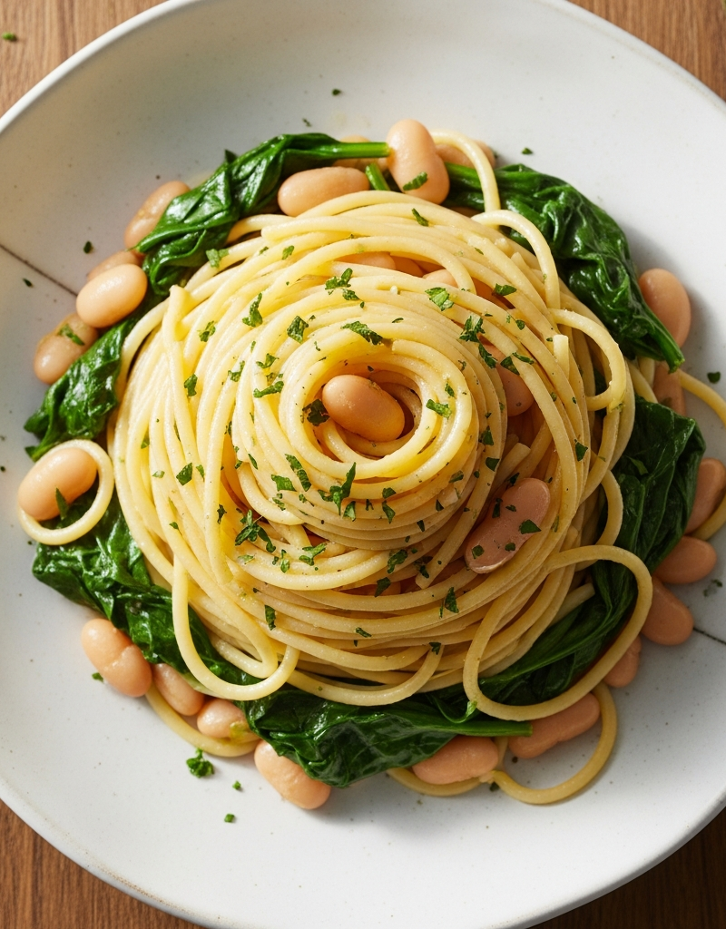 Garlic Butter Spaghetti with White Beans and Spinach