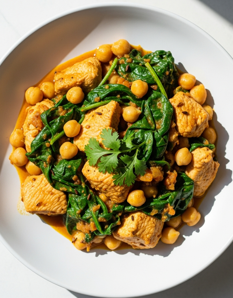 Quick Chicken Curry with Spinach and Chickpeas