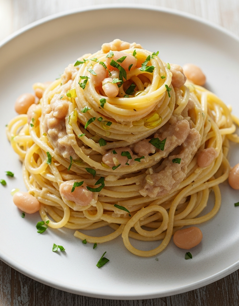Budget Spaghetti with Garlic White Bean Sauce