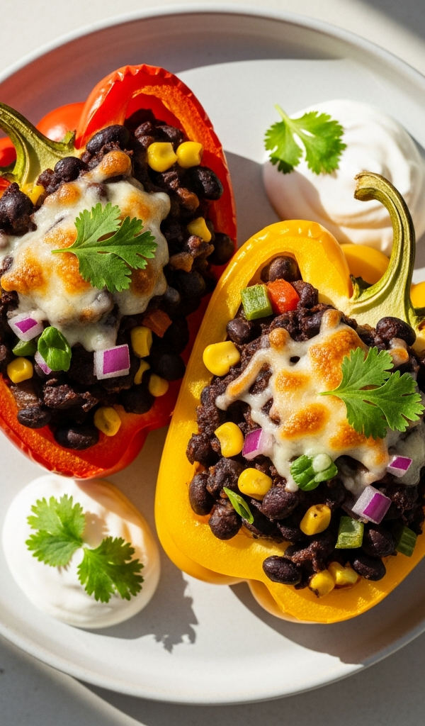 Bell peppers stuffed with black beans and rice