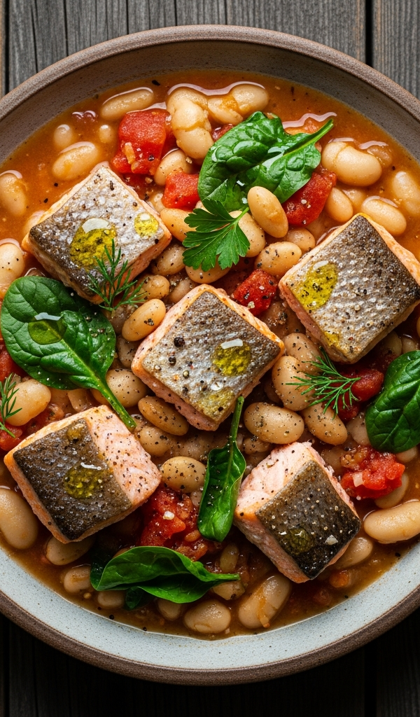 A bowl of salmon and white bean stew